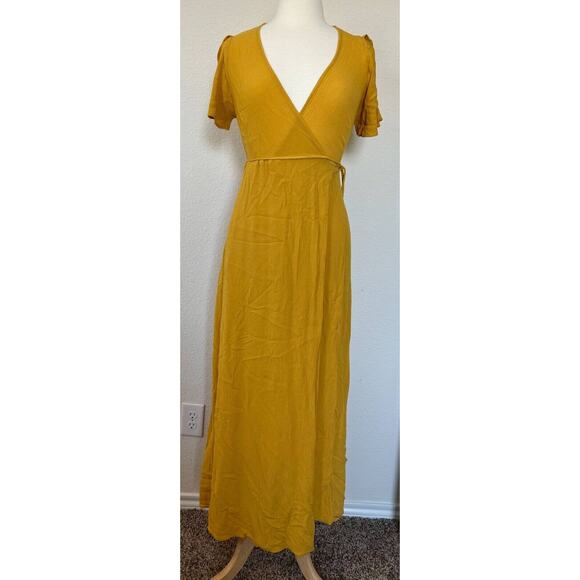 Lulus Much Obliged Wrap Maxi Dress Womens Small Golden Yellow Event Vacation - Picture 2 of 8